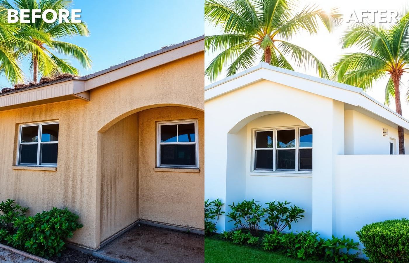 Before and after pressure washing Miami home
